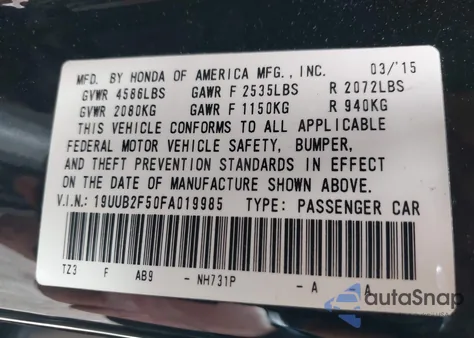 2015 Acura Tlx V6 Tech from USA, damaged, VIN 19UUB2F50FA019985